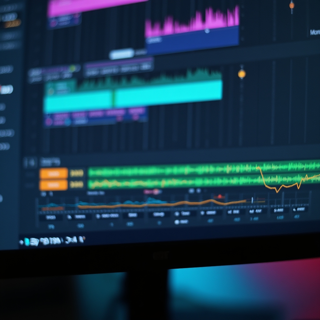 Close-up view of a digital audio workstation session showing colorful audio tracks, MIDI clips, and plugin interface on a computer monitor