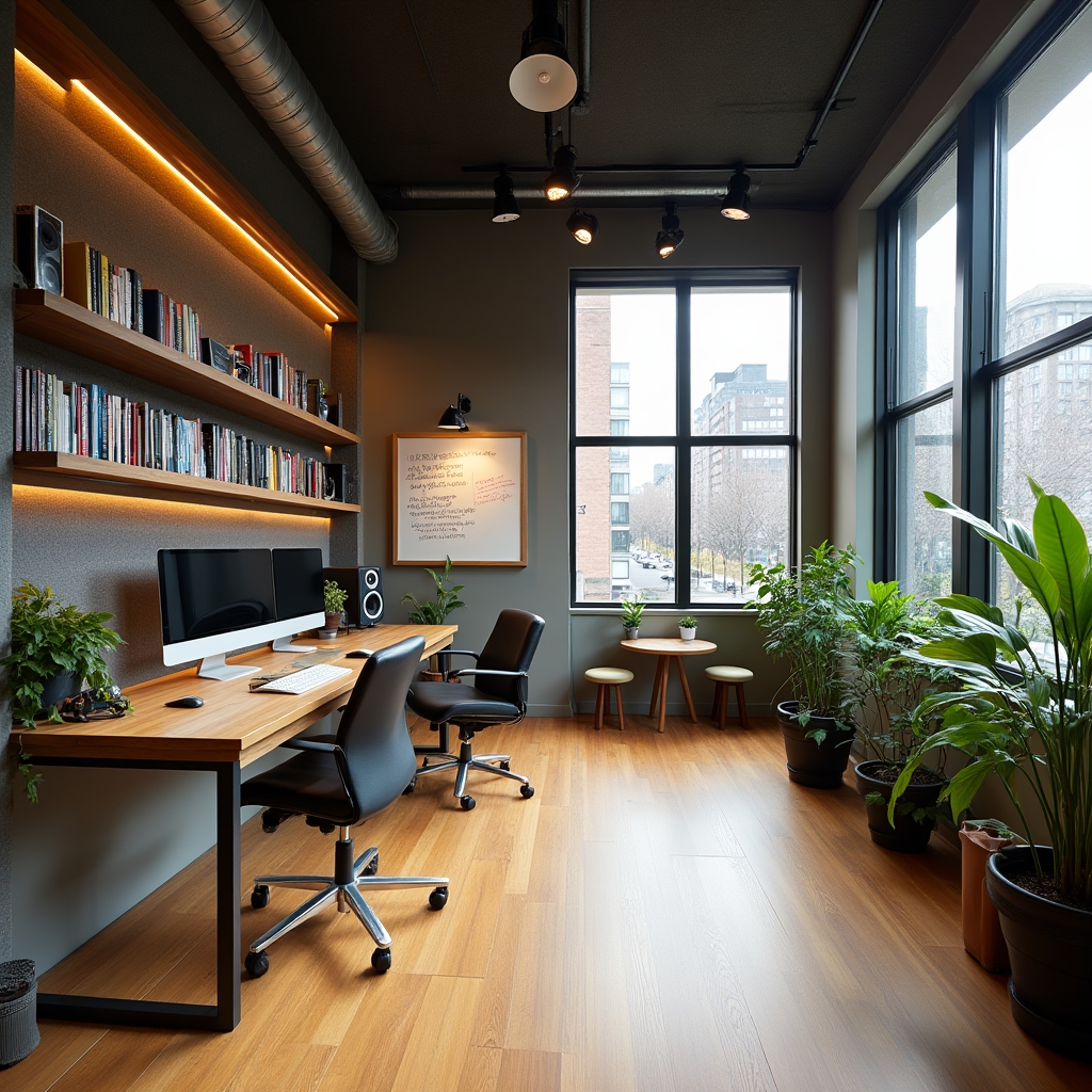Modern creative workspace in Denver with acoustic treatment panels on walls, professional monitors, organized desk setup and warm ambient lighting creating a focused studio environment