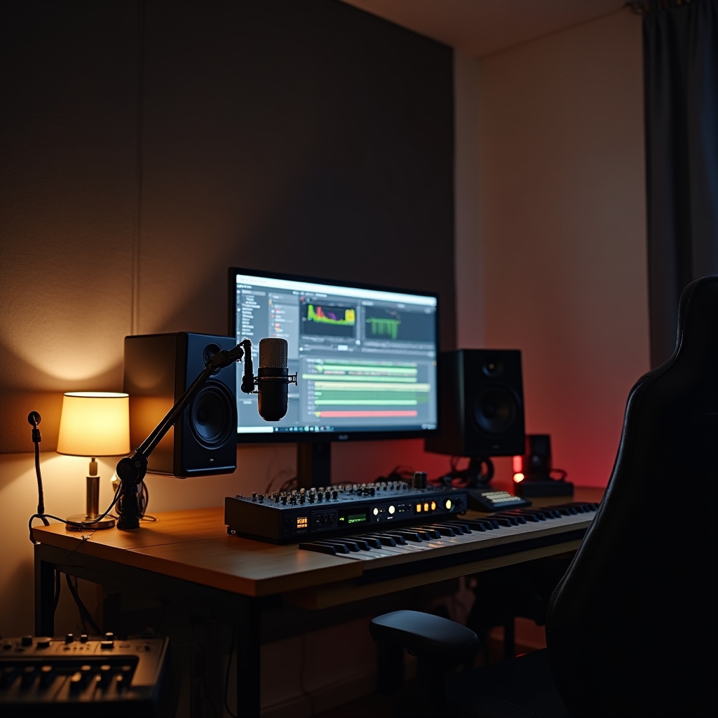 Professional home recording studio setup with audio interface, condenser microphone, and studio monitors