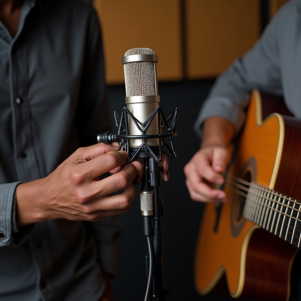 Audio instructor demonstrating microphone placement technique near an acoustic guitar with a large diaphragm condenser microphone on a stand