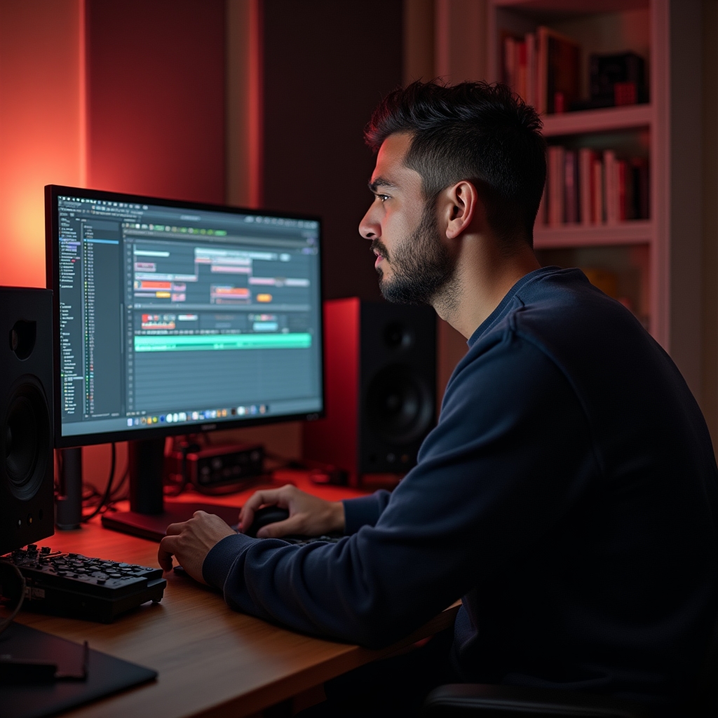 Music producer working at a professional DAW workstation with multiple monitors and MIDI keyboard in a home studio environment
