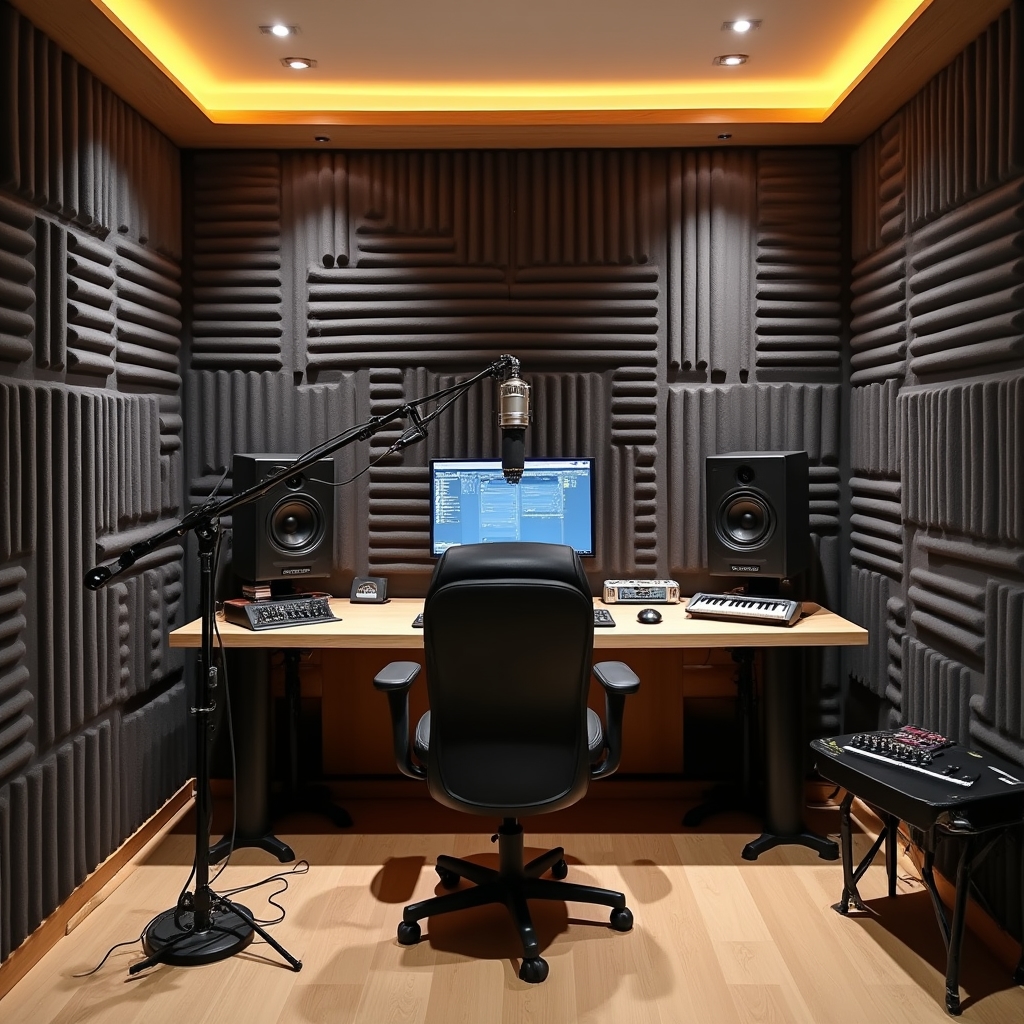 Acoustically treated home studio with foam panels, proper cable management, positioned microphone and organized recording environment