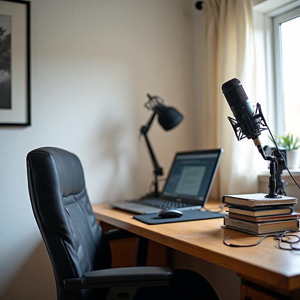 Untreated bedroom recording setup showing bare walls, cluttered space, and basic microphone without acoustic treatment