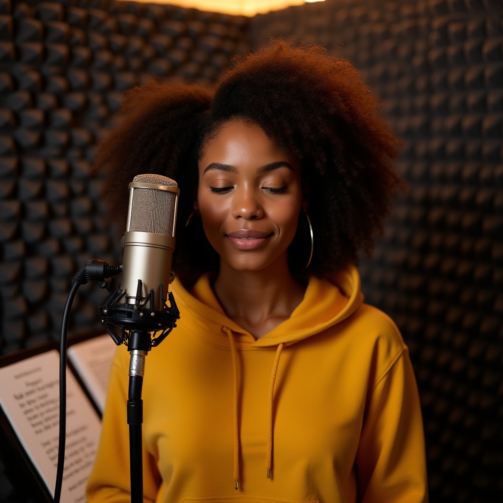 Young woman vocalist recording in a treated home studio corner with pop filter, large diaphragm microphone, and acoustic panels visible behind her